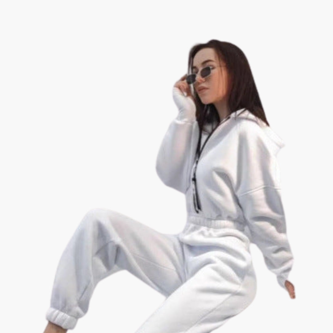 Women's zip-up hoodie matching set with side pockets, ribbed cuffs, full-front zipper, cozy athleisure fit
