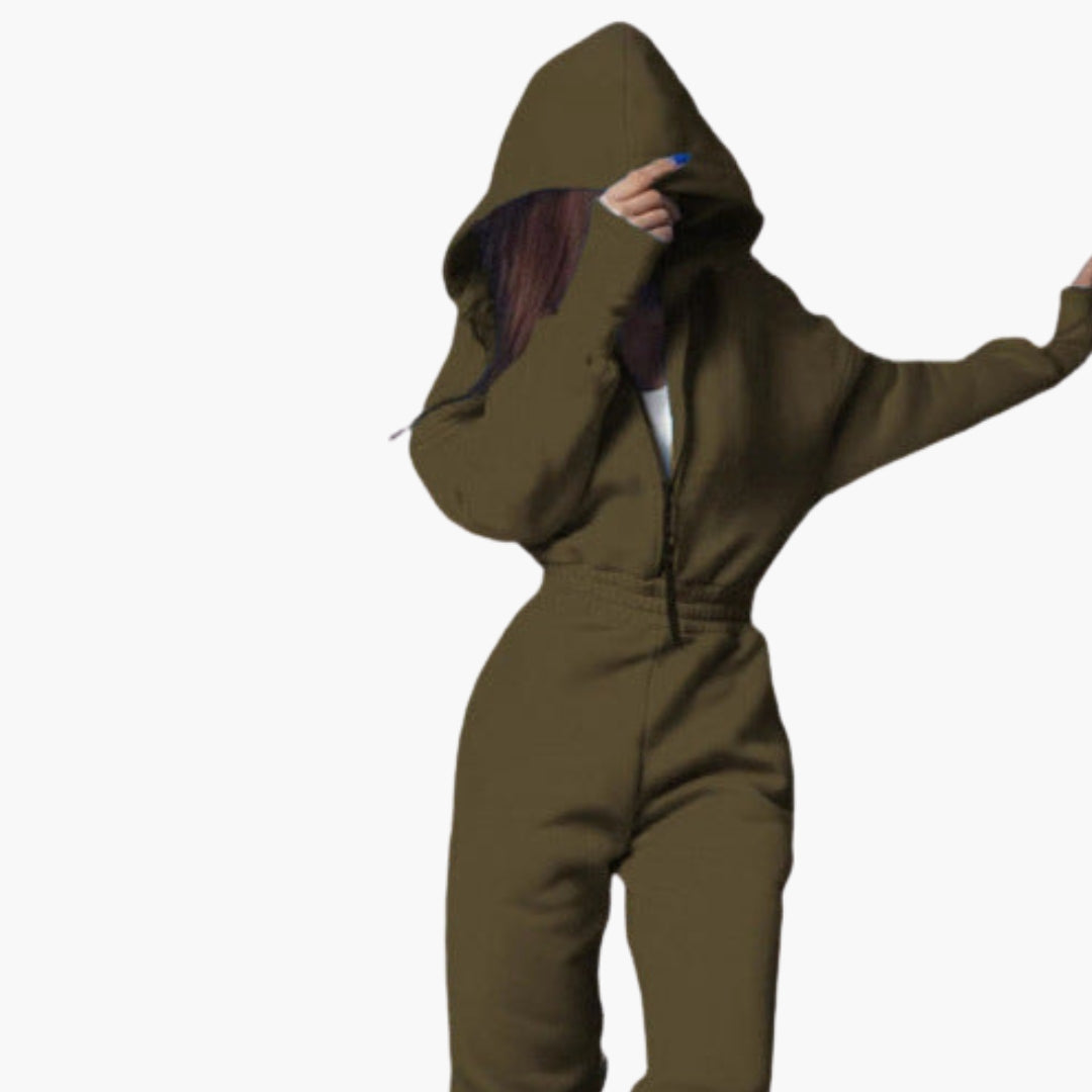 Women's zip-up hoodie set with side pockets, solid color ribbed cuffs athleisure tracksuit