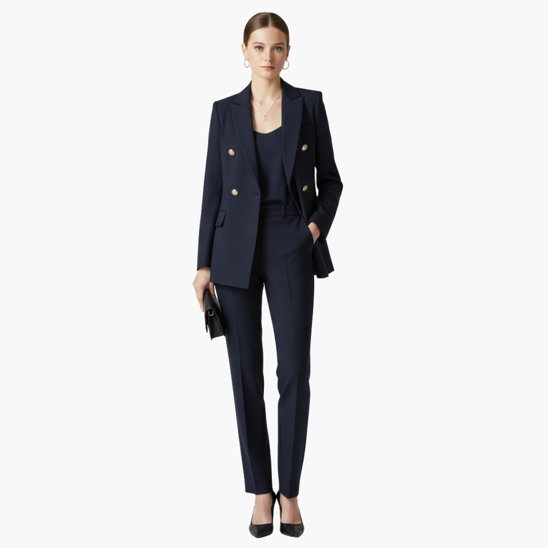 Women's double-breasted blazer straight pants suit set notched collar professional business look