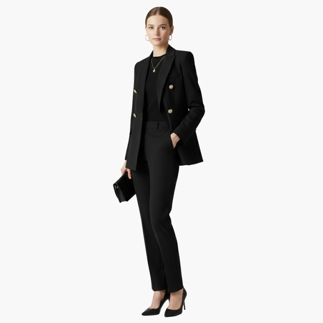 Women's double-breasted blazer straight pants suit set notched collar professional business attire