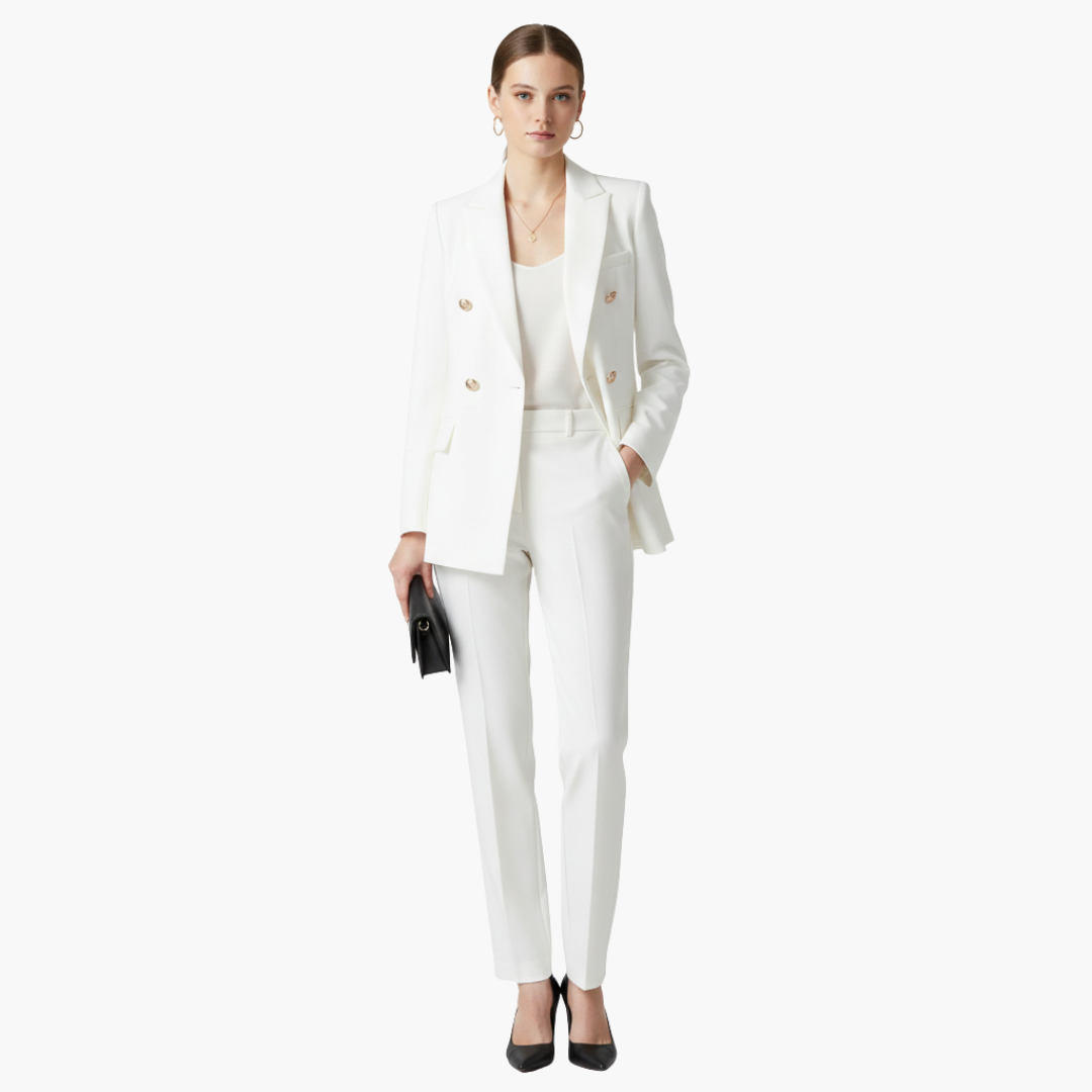 Women's double-breasted blazer straight pants suit set notched collar professional office wear