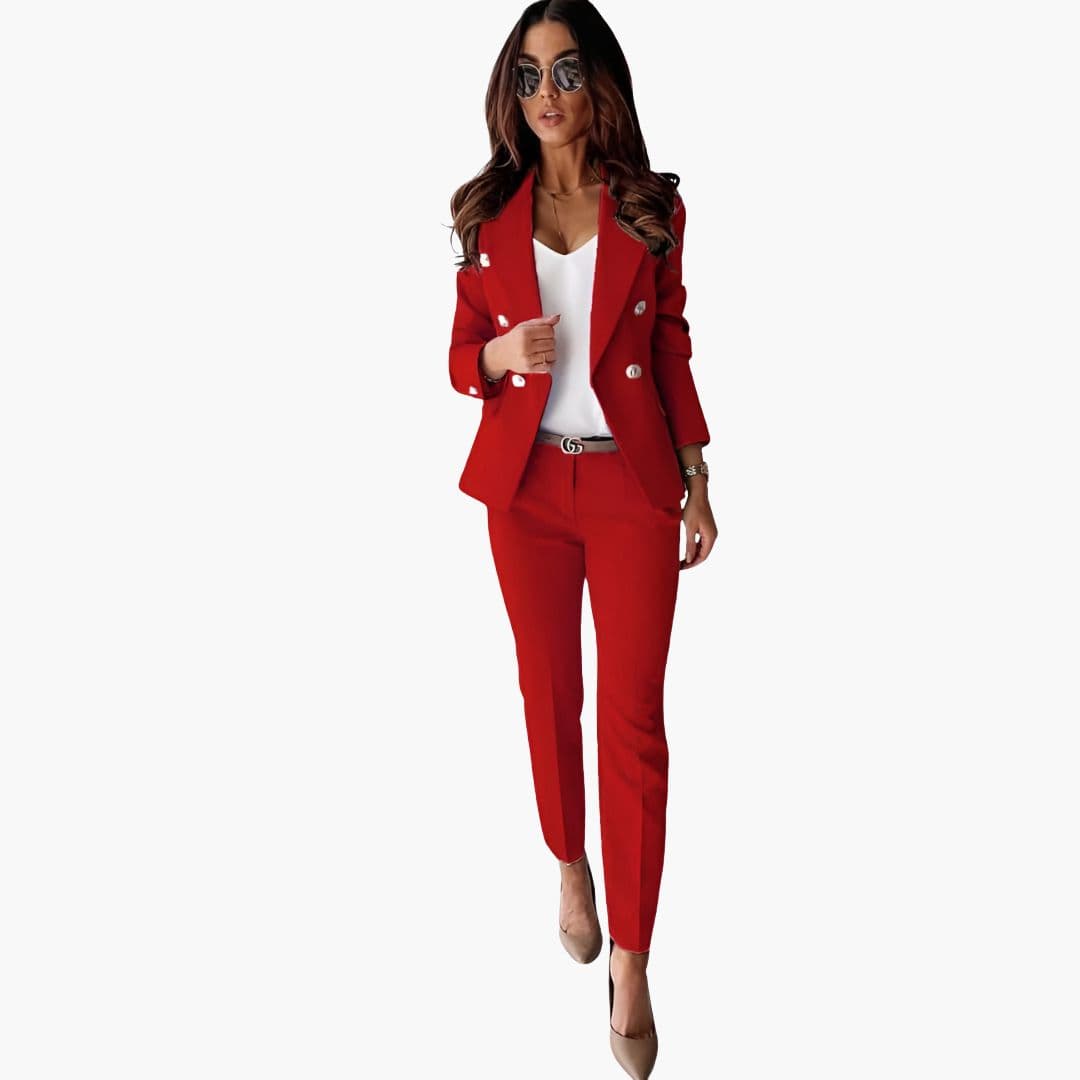 Women's elegant two-piece suit set, buttoned jacket and straight-leg pants, professional polished look