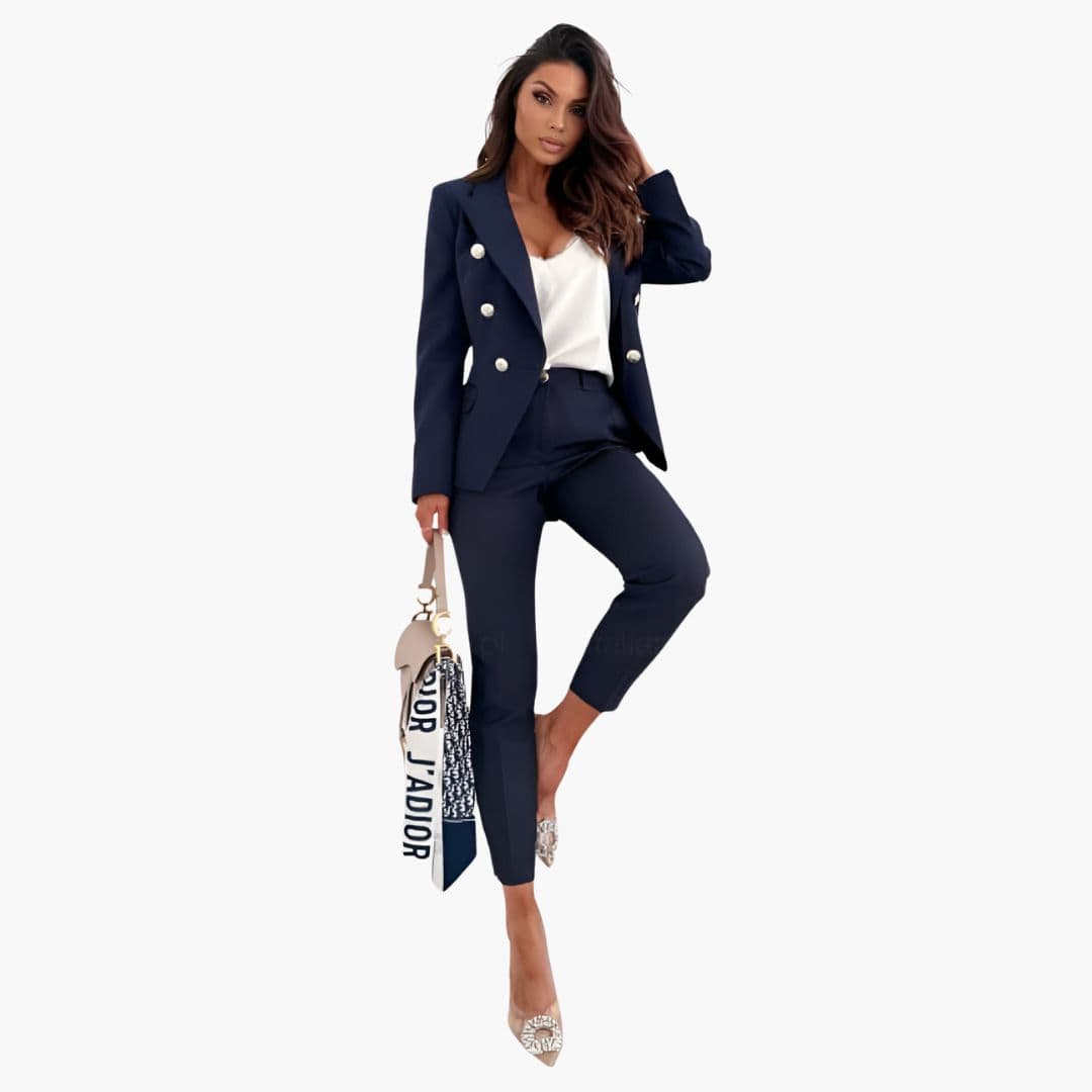 Elegant women's black buttoned blazer suit set with straight-leg pants for professional wear
