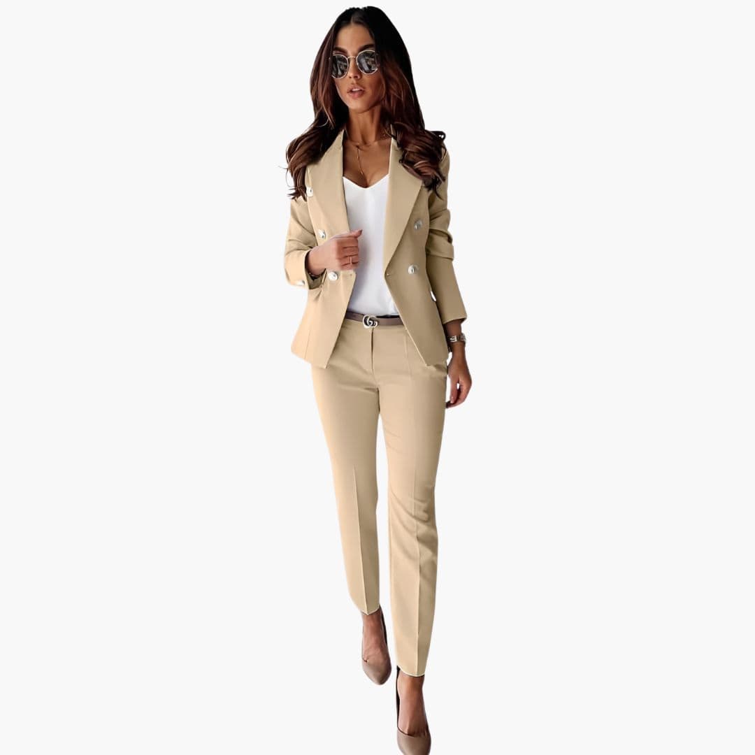 Women's elegant beige buttoned blazer suit set with straight-leg pants for professional wear