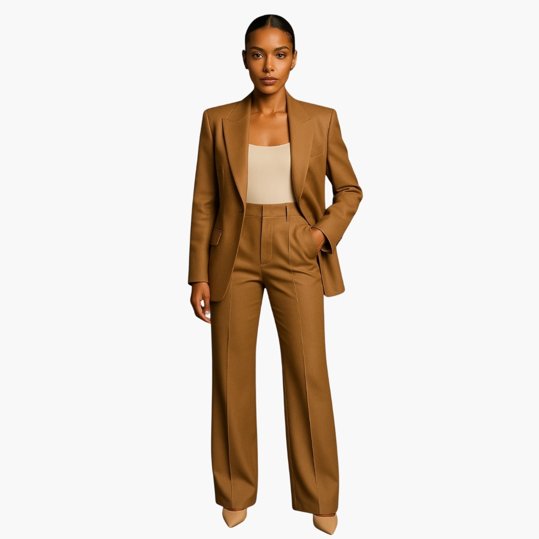 Women's tailored two-piece suit set with wide-leg pants, notched lapel jacket, elegant office style