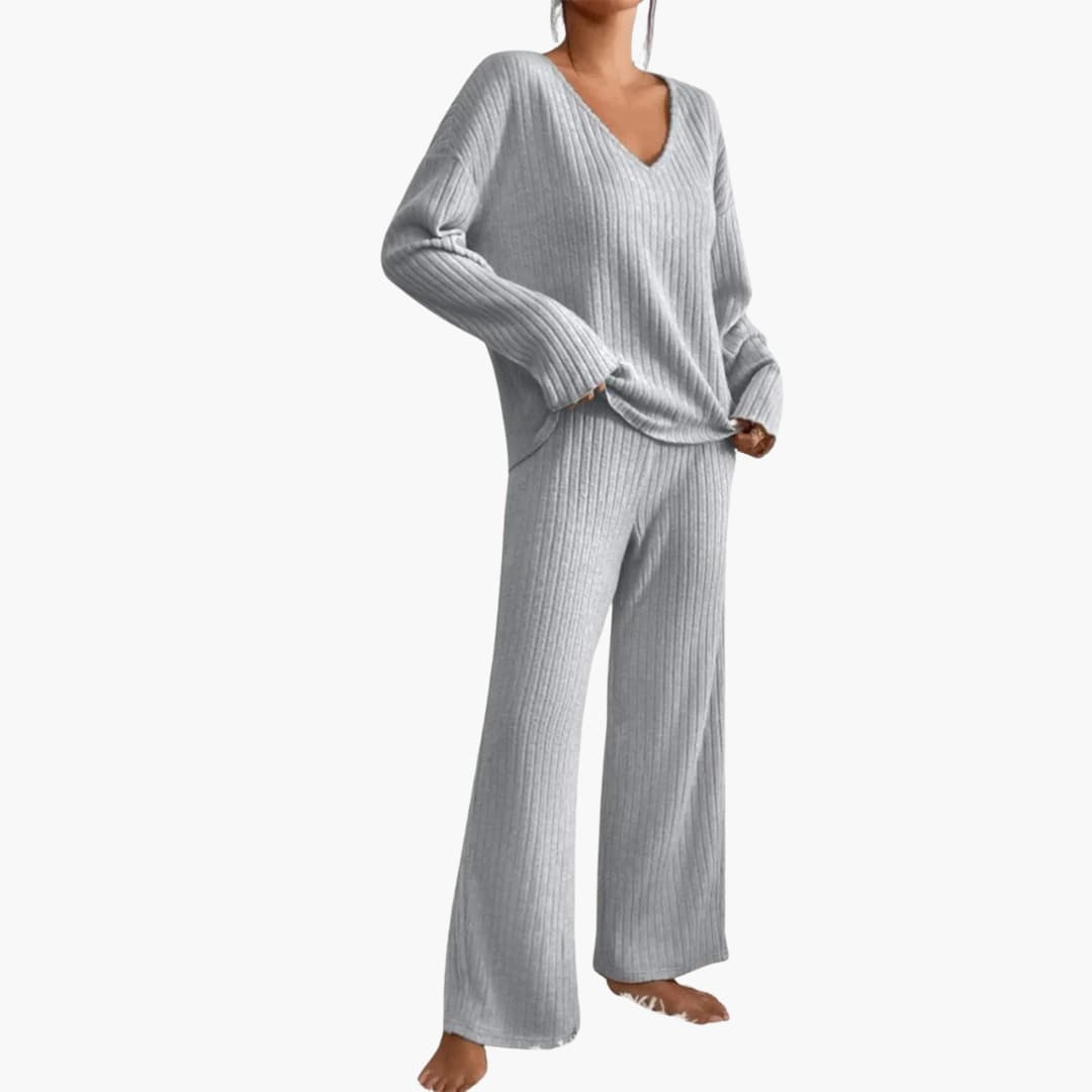 Women's ribbed knit two-piece set, V-neck long-sleeve top and wide-leg pants, effortless coordinated style