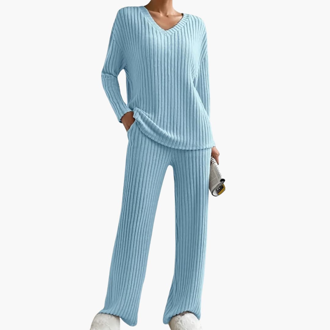 Women's ribbed knit two-piece set, V-neck long-sleeve top and wide-leg pants, effortless chic style