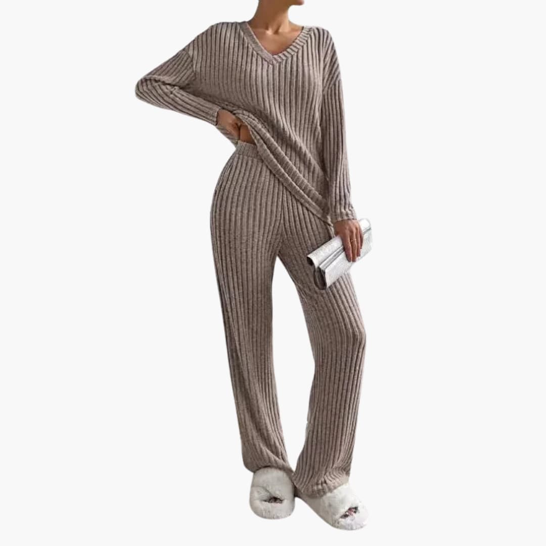 Women's ribbed knit two-piece set, V-neck long-sleeve top and wide-leg pants, relaxed chic coord