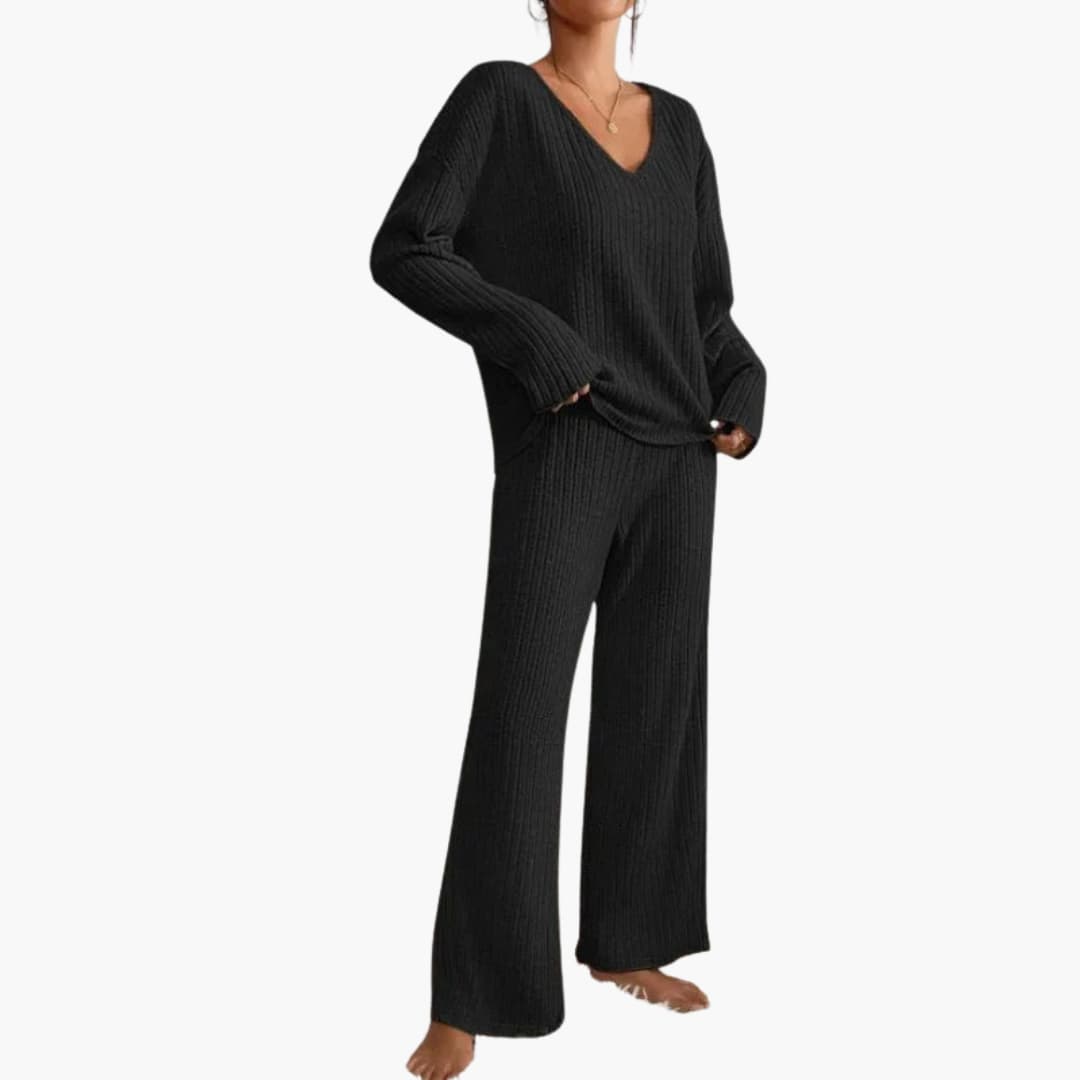 Women's ribbed knit two-piece set, V-neck long-sleeve top and wide-leg pants, effortless coordinated style