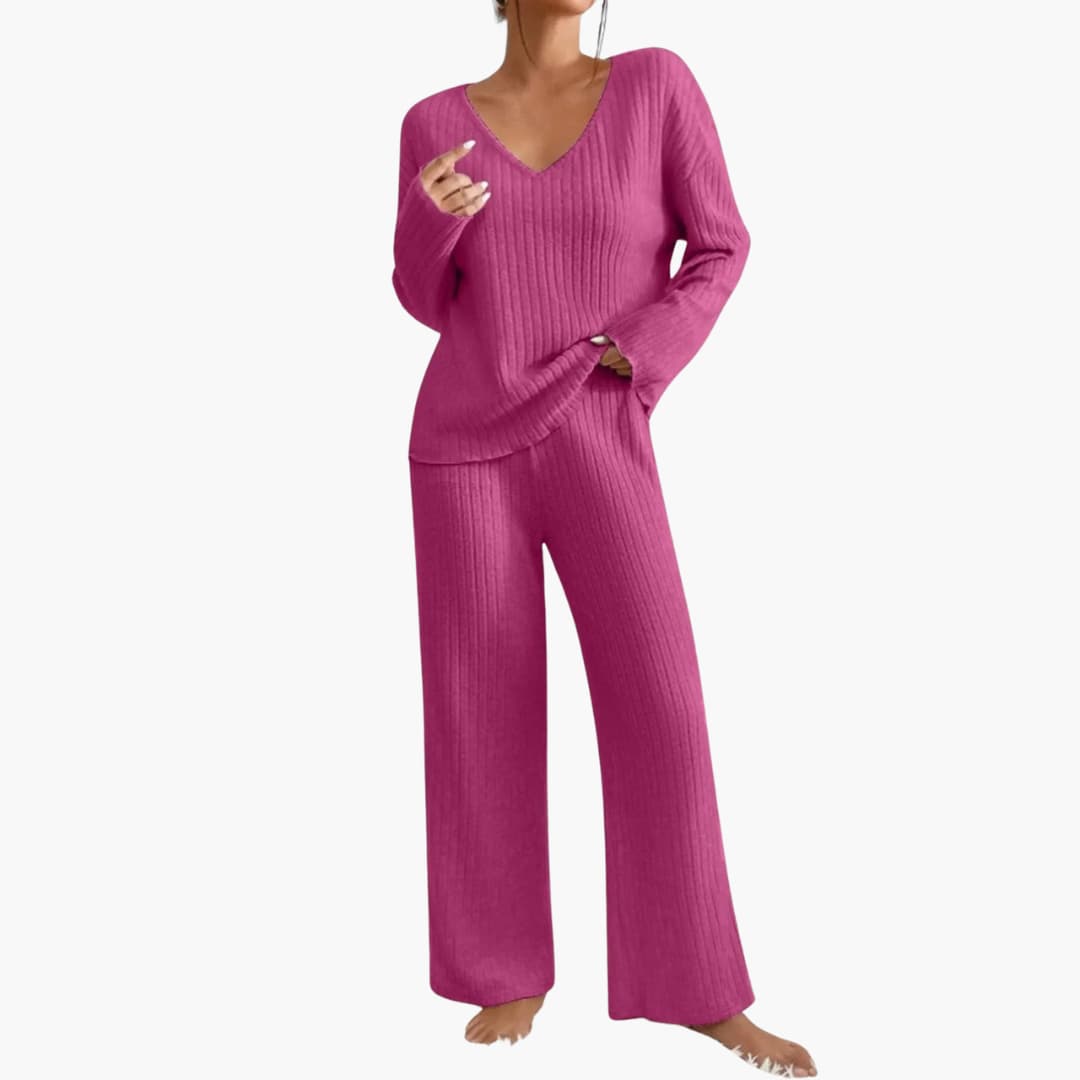 Women's ribbed knit two-piece set, V-neck long-sleeve top and wide-leg pants, casual chic coord