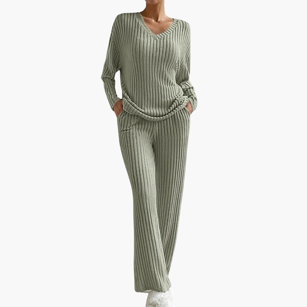 Women's ribbed knit two-piece set, V-neck long-sleeve top and wide-leg pants, relaxed chic loungewear