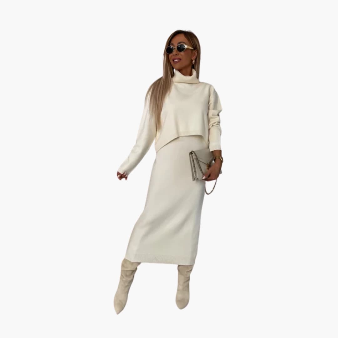 Women's ribbed knit two-piece set featuring turtleneck sweater and long skirt coordinated outfit