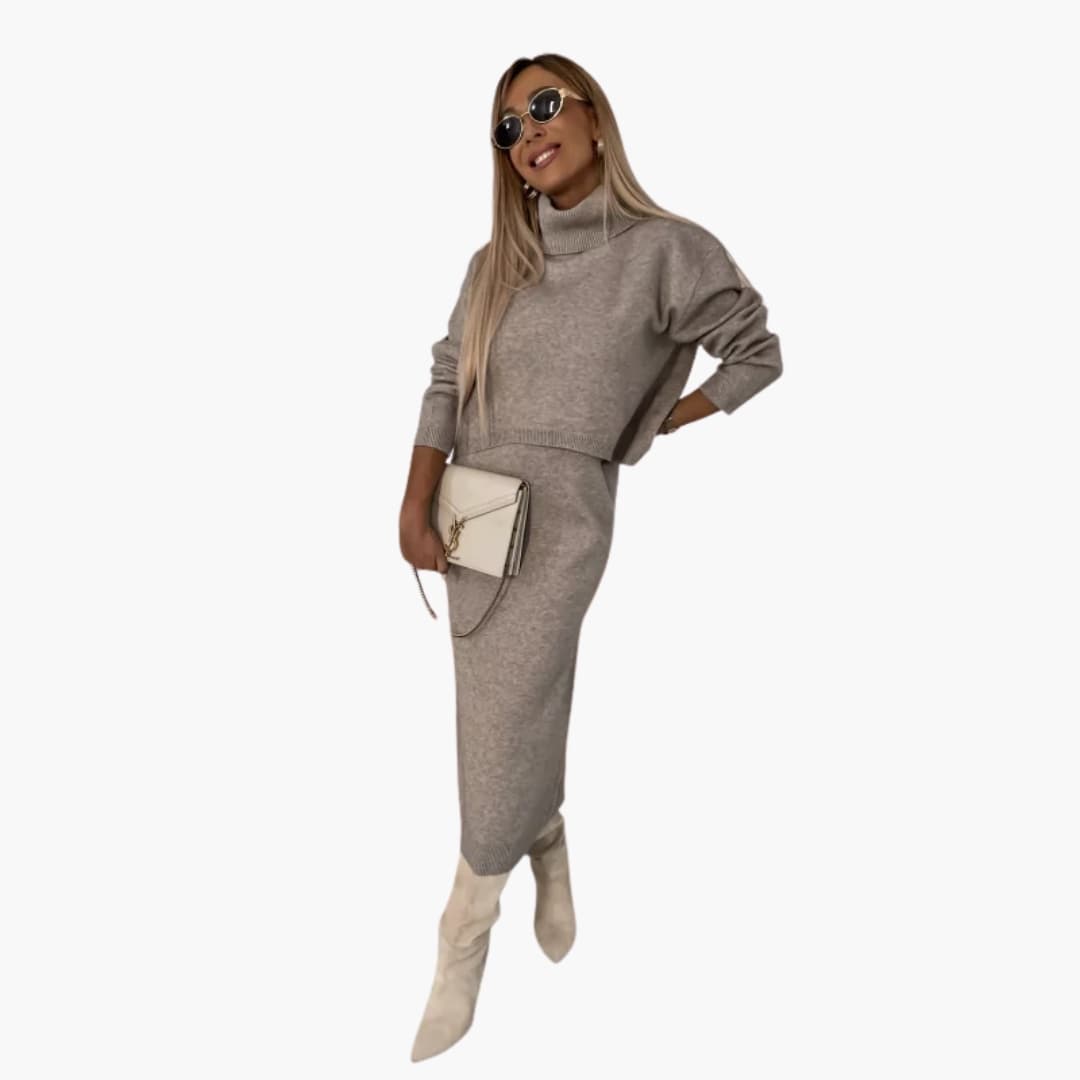 Women's ribbed knit turtleneck sweater and long skirt two-piece set for cool-weather everyday style