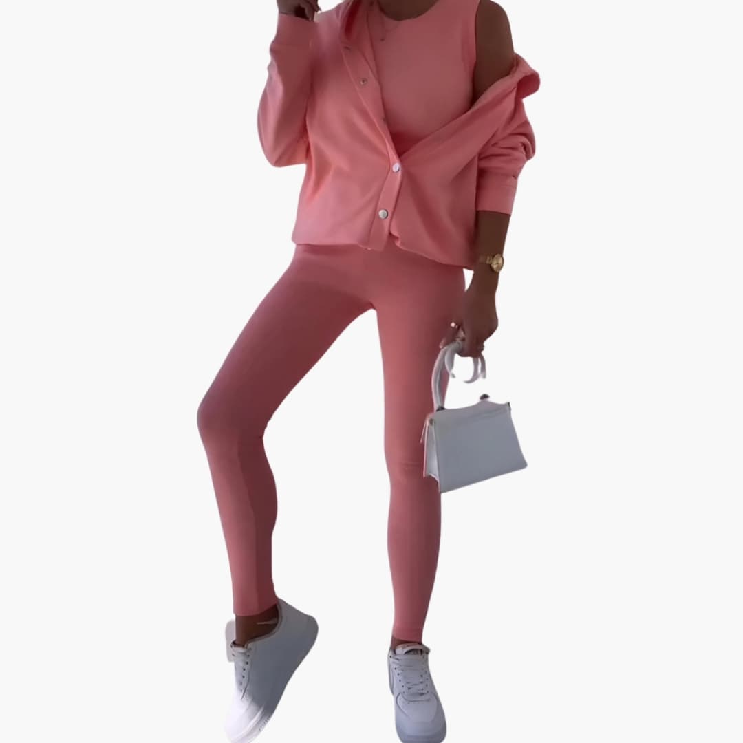 Women's 3-piece casual set long button shirt fitted tank top slim elastic waist pants modern layered look