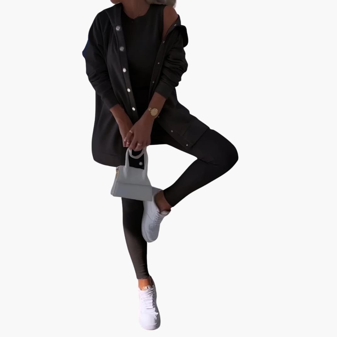Women's 3-piece casual set long button-down shirt fitted tank top elastic waist pants everyday style