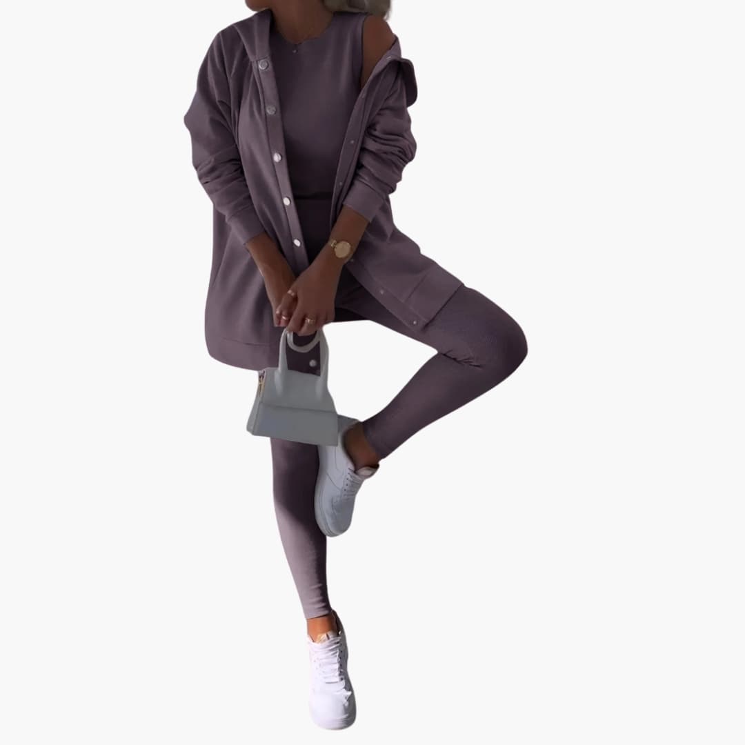 Women's 3-piece casual set long button-down shirt fitted tank top elastic waist pants everyday look