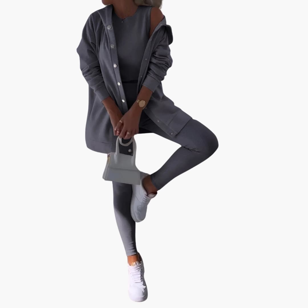 Women's 3-piece casual set long button-down shirt fitted tank top elastic waist pants everyday look