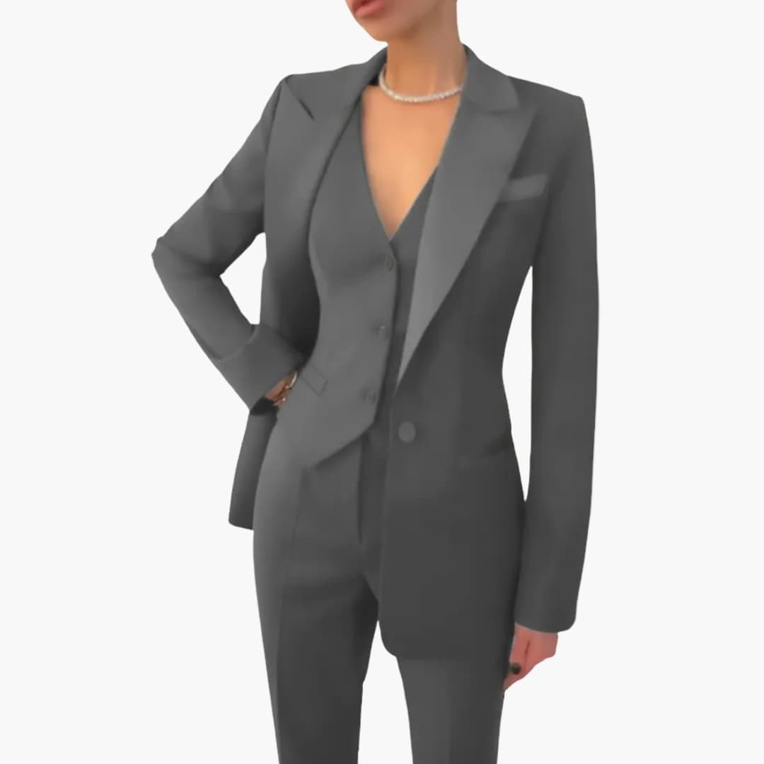 Women's three-piece suit set jacket vest straight-leg pants notched collar belted polished tailored look