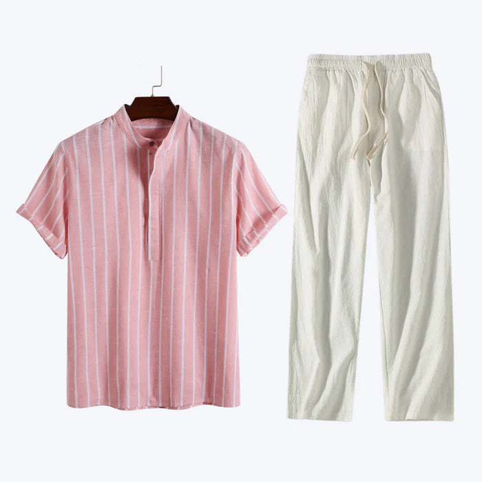 Men's beige linen lounge set striped polo relaxed fit adjustable drawstring pants breathable