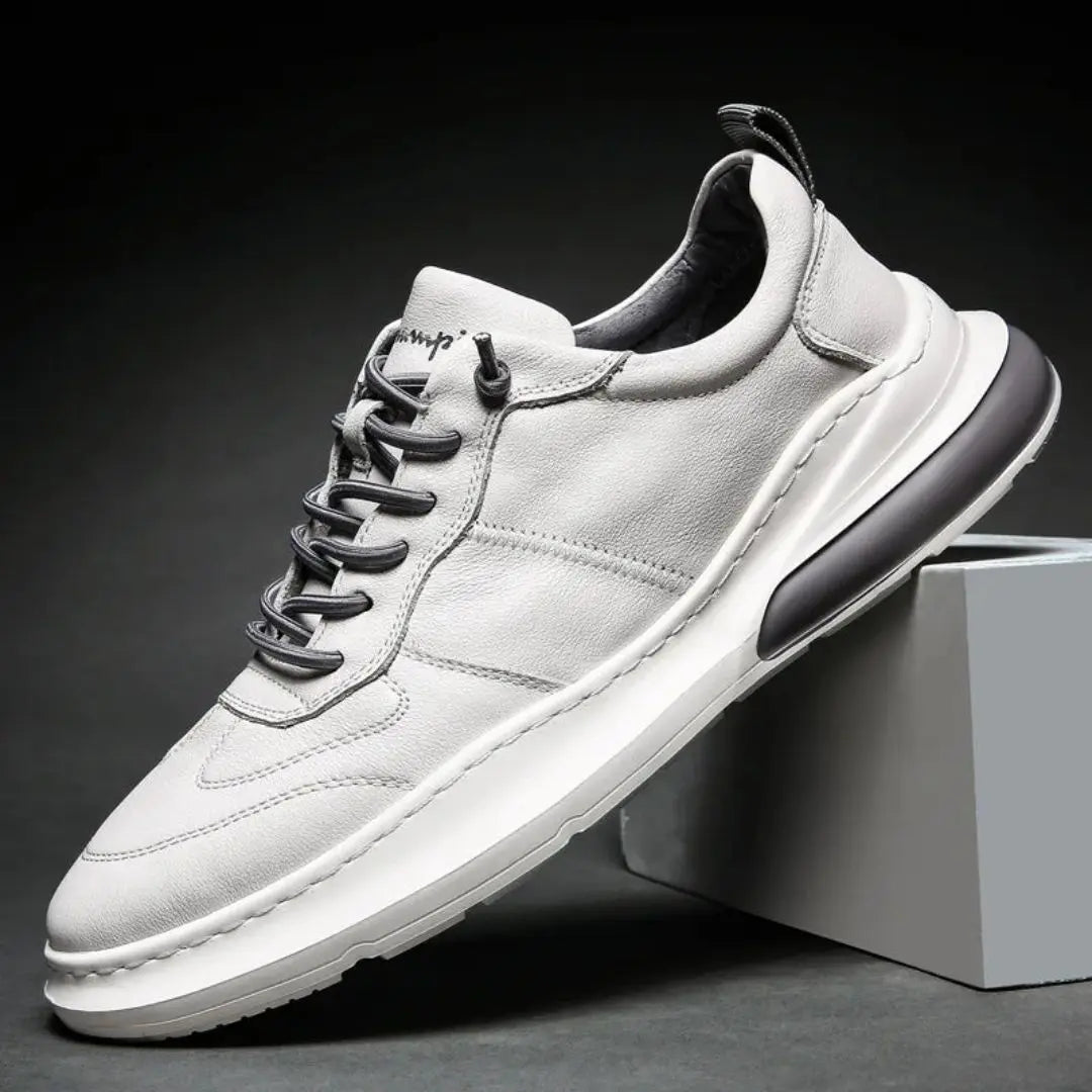 Men's Enzo Elevate minimalist white premium leather sneakers with cushioned sole and breathable lining
