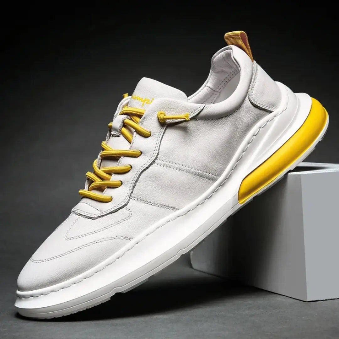 Enzo Elevate men's white minimalist leather sneakers with cushioned sole and breathable lining
