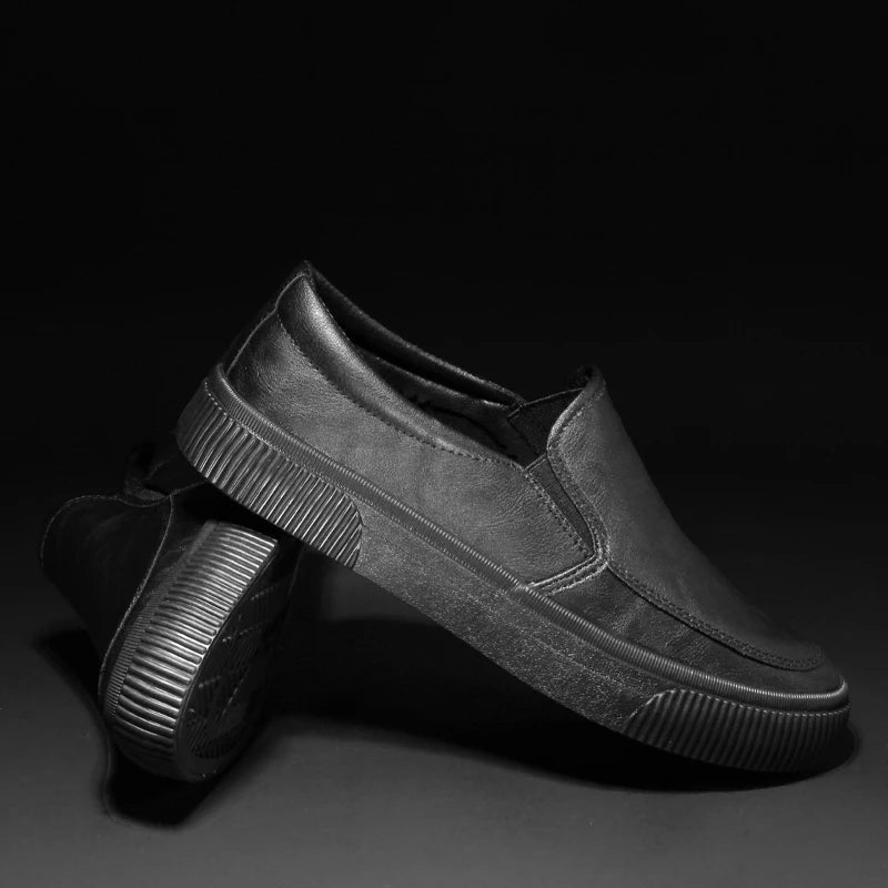 Men's matte black genuine leather loafers sleek slip-on style with cushioned sole for urban wear