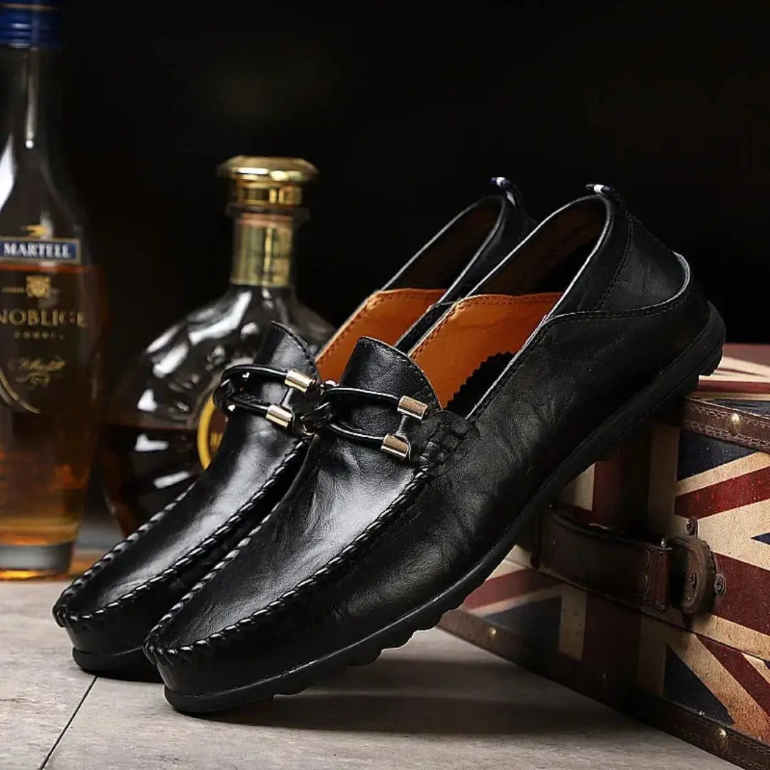 Brown genuine cowhide leather loafers ergonomic cushioned insoles durable rubber sole professional style