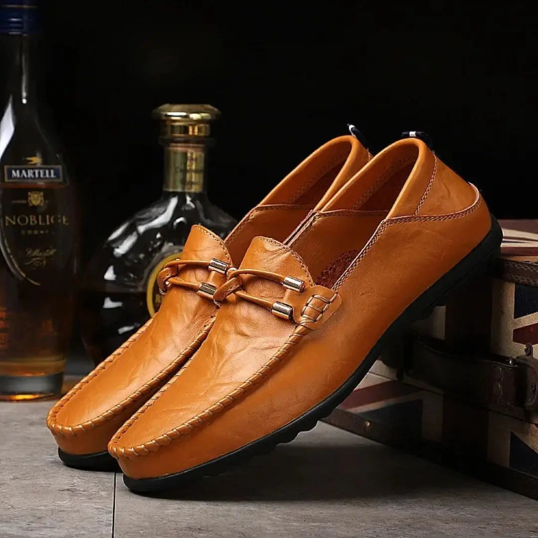 Brown genuine cowhide leather loafers ergonomic cushioned insoles rubber sole professional style