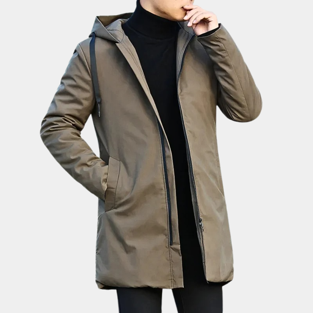Men's long hooded winter jacket modern urban silhouette clean-lined design for all-day warmth