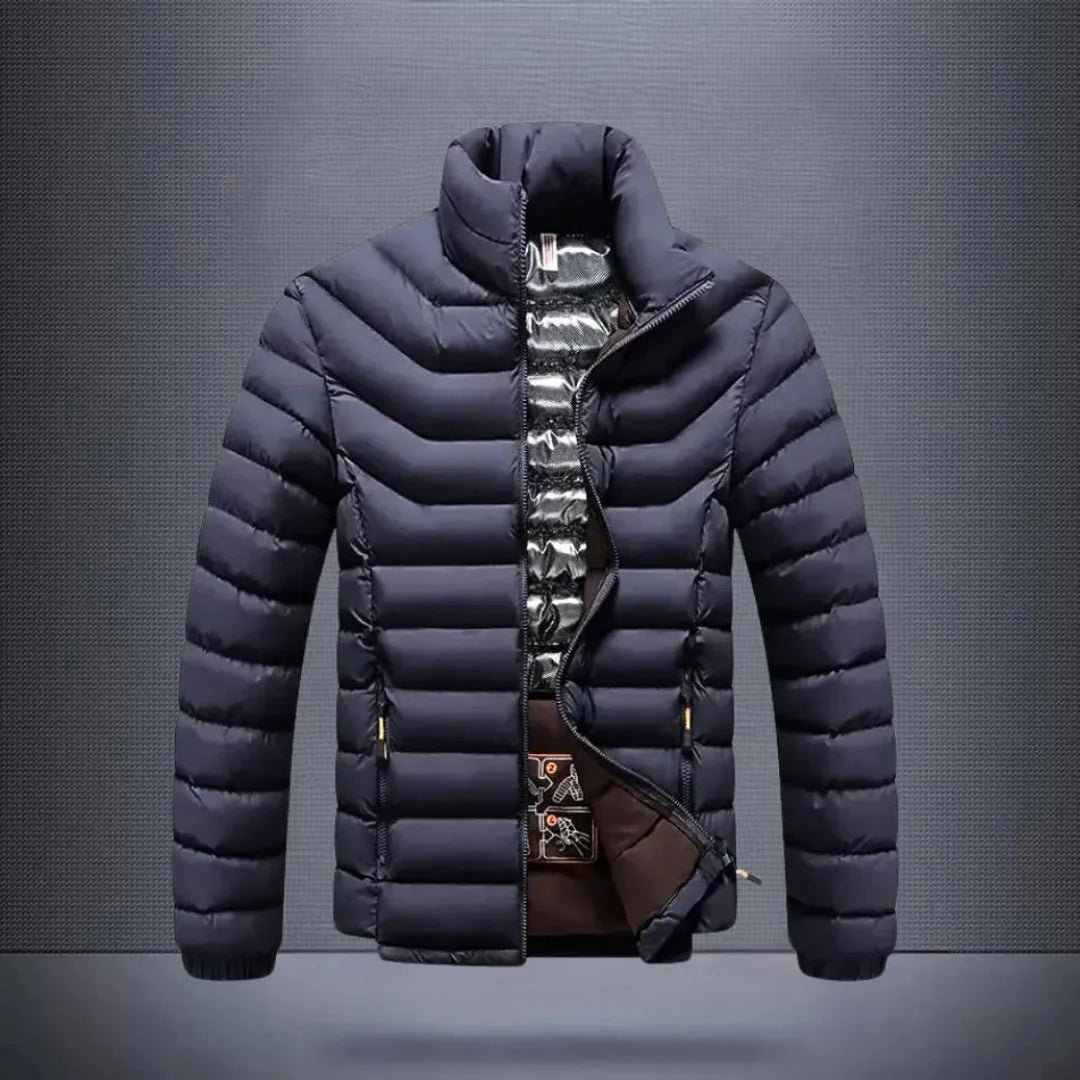 Men's black lightweight puffer jacket windproof water-repellent insulated sleek city silhouette