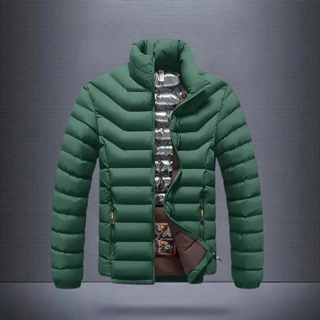Men's black lightweight puffer jacket windproof water-repellent insulated sleek city-ready silhouette