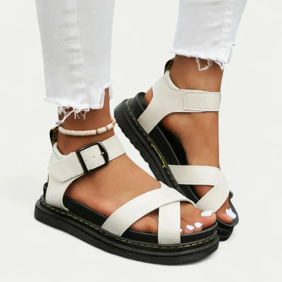 Women's beige ergonomic buckle strap sandals with arch support, lightweight open-toe casual summer style
