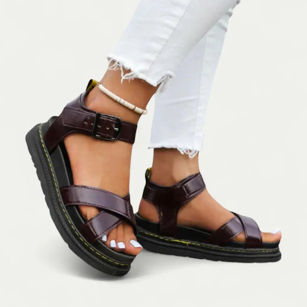 Women's beige ergonomic buckle strap sandals with arch support, lightweight and adjustable for all-day comfort