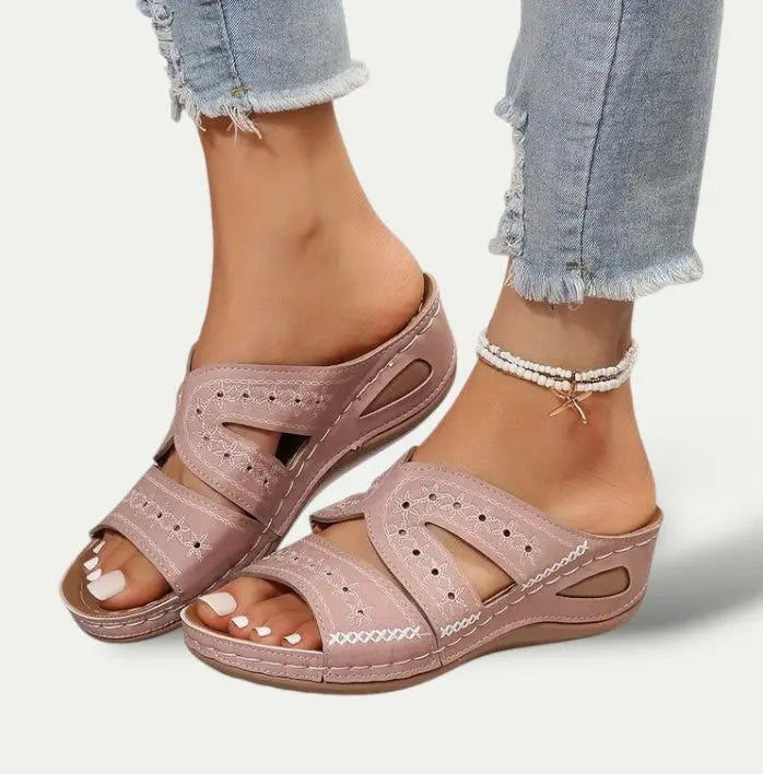 Women's beige ergonomic casual sandals with adjustable straps and cushioned soft sole for all-day comfort