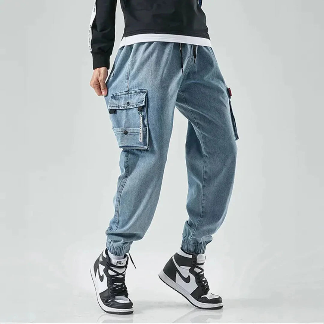 Men's heavy-duty denim cargo pants relaxed fit with reinforced knees for outdoor and city wear