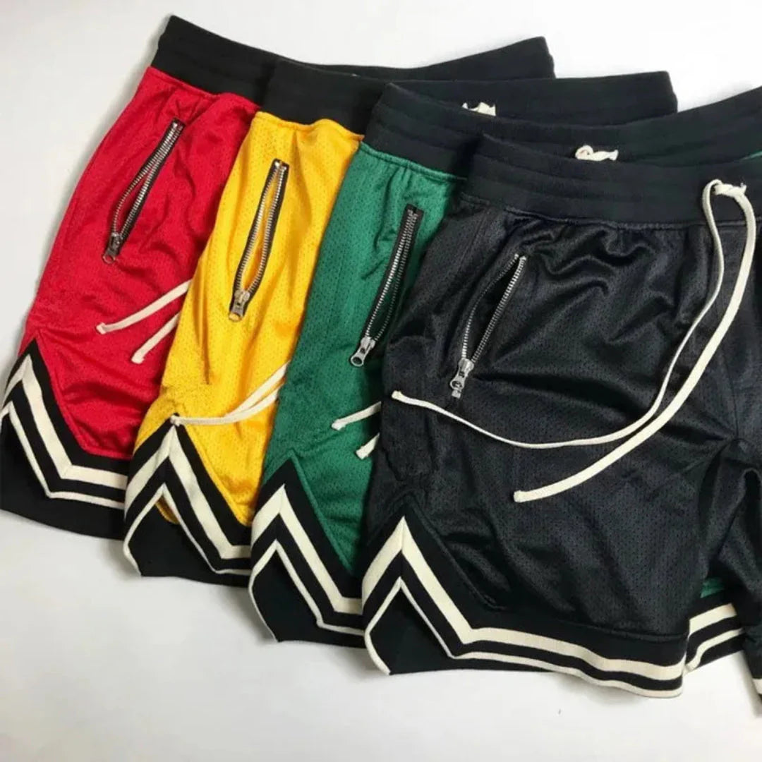 Men's mesh varsity shorts with zipper pocket, breathable fabric, drawstring fit, bold streetwear style
