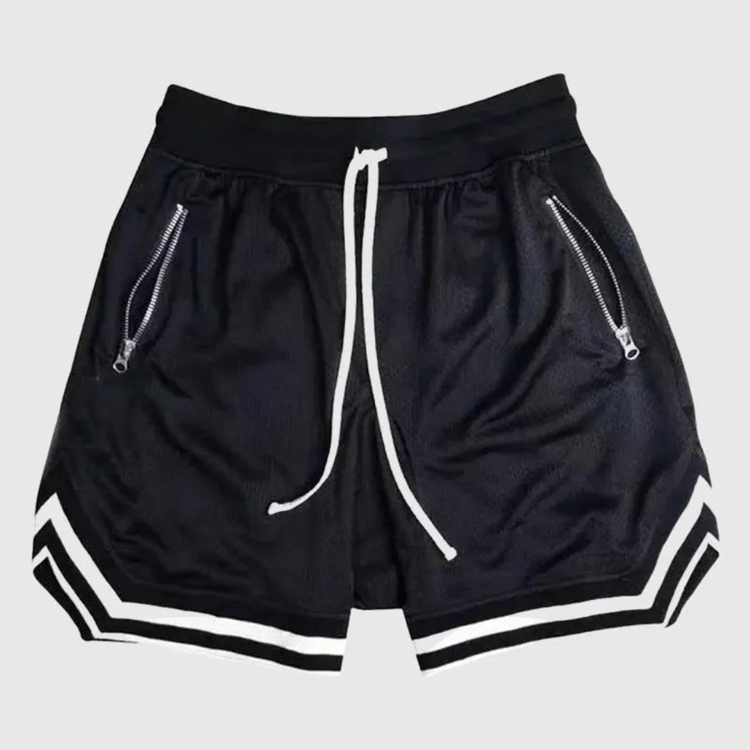 Men's black mesh varsity shorts with zipper pocket, breathable performance fabric and drawstring fit
