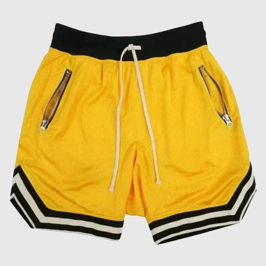 Men's mesh varsity shorts with zipper pocket, breathable athletic fit and drawstring waistband