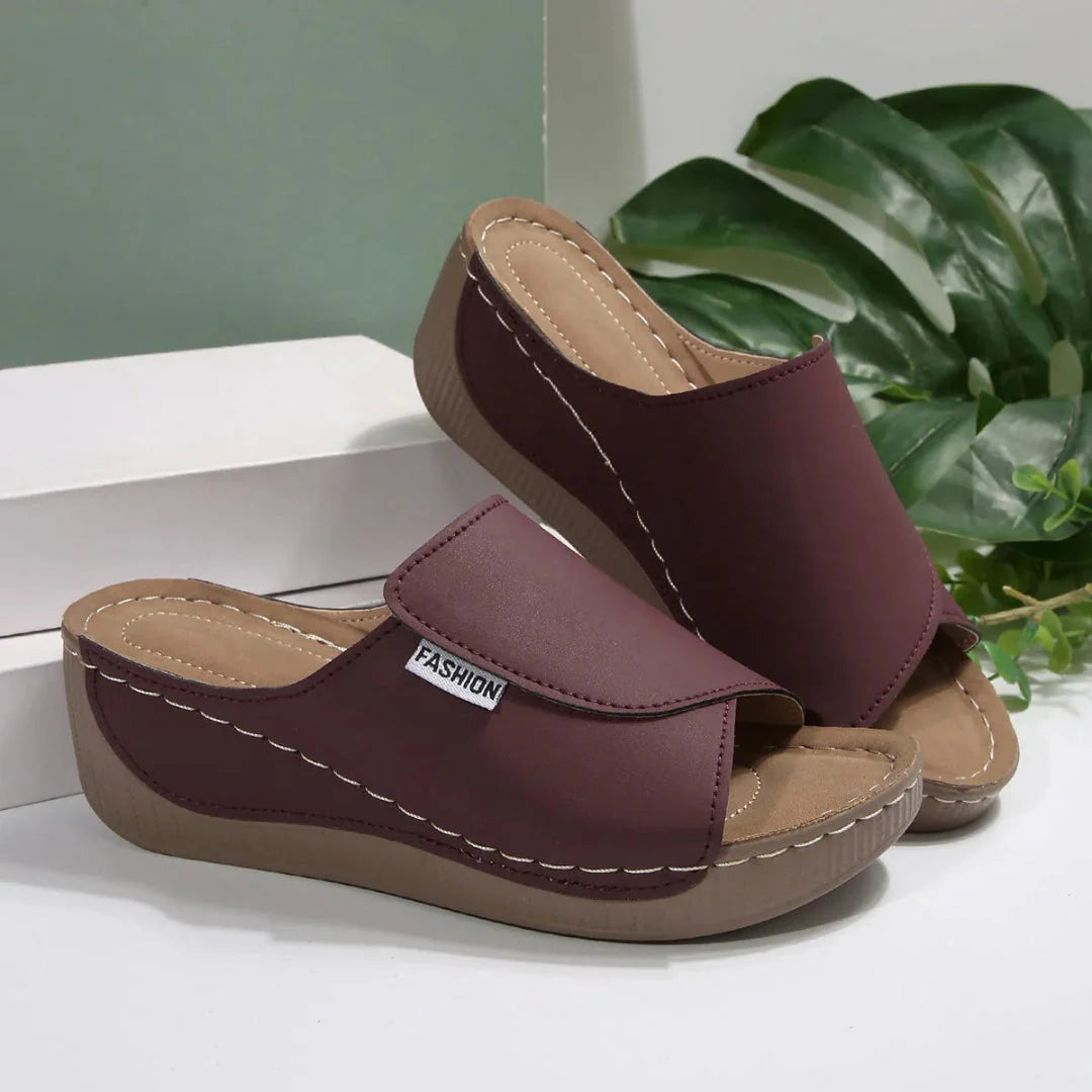 Women's open toe slip-on wedge mule sandals with cushioned sole, lightweight minimalist silhouette