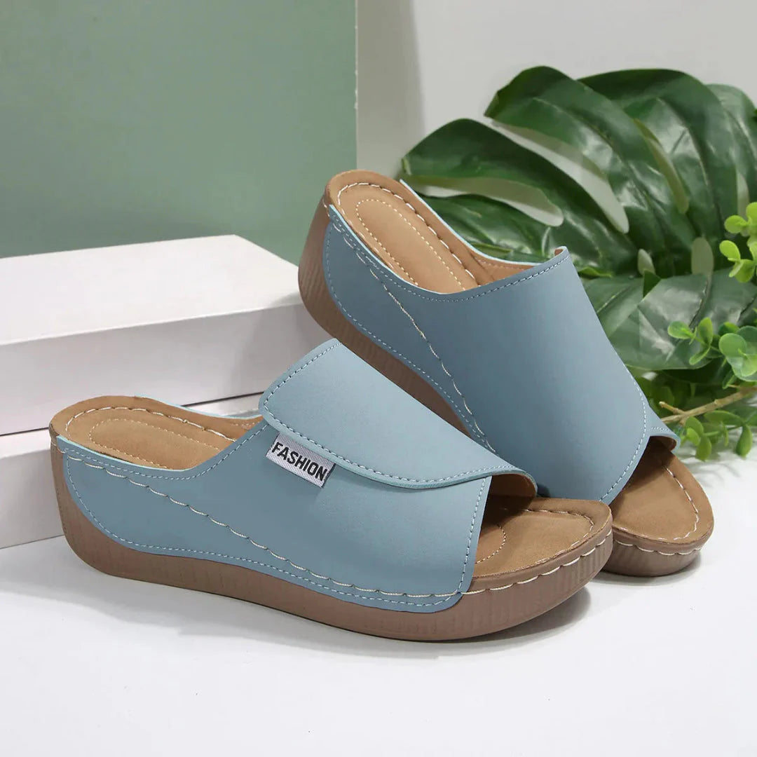 Women's open toe slip-on wedge mule sandals with cushioned sole, lightweight minimalist silhouette
