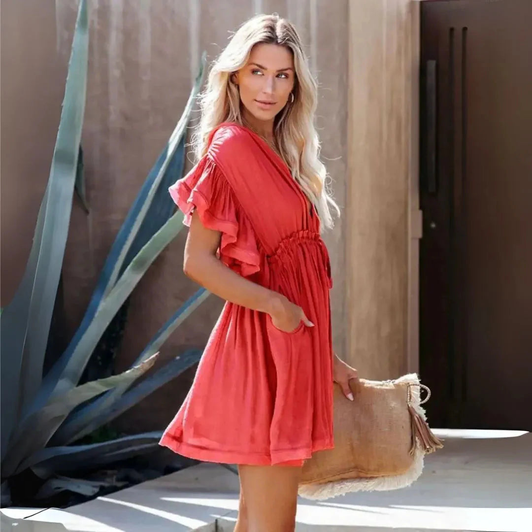 Women's mini dress V-neck ruffle sleeves drawstring waist lightweight breathable summer style