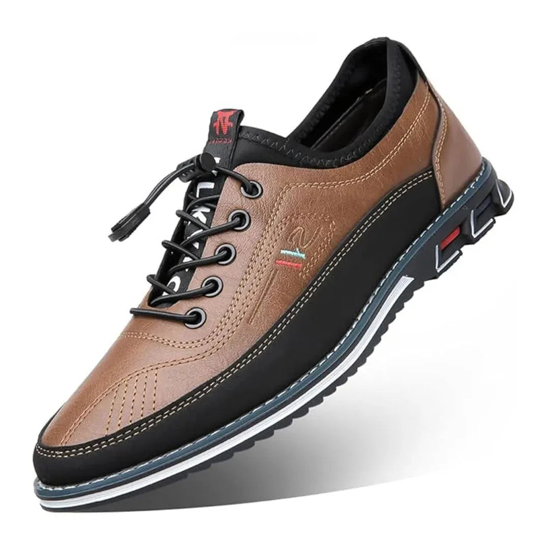 Beige leather casual sneakers with Italian stitching and elastic quick-lace for everyday comfort