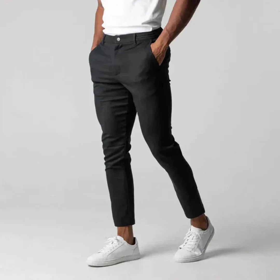 Men's tapered stretch chinos in classic khaki with premium stretch fabric for all-day comfort