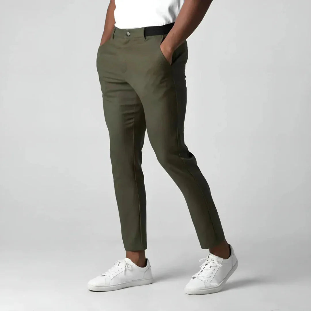 Men's tapered stretch chinos in classic tan, slim modern fit with premium stretch fabric for all-day comfort