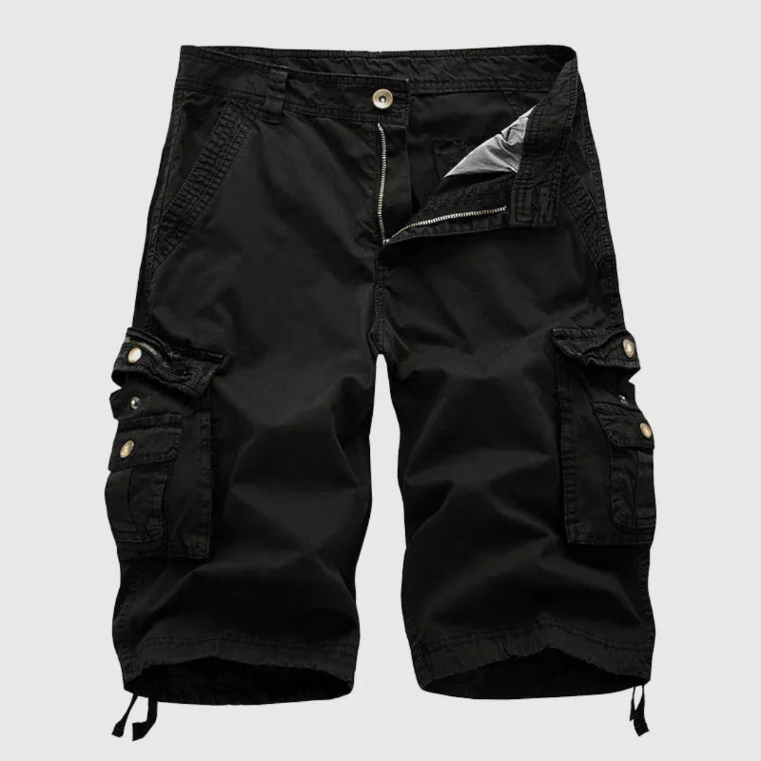 Men's khaki relaxed-fit cargo shorts with multiple flap pockets, heavy-duty breathable cotton