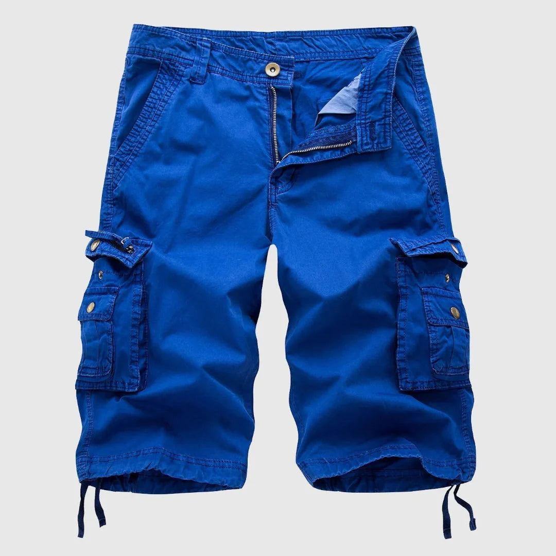Men's khaki relaxed-fit cargo shorts with multiple flap pockets, heavy-duty breathable cotton