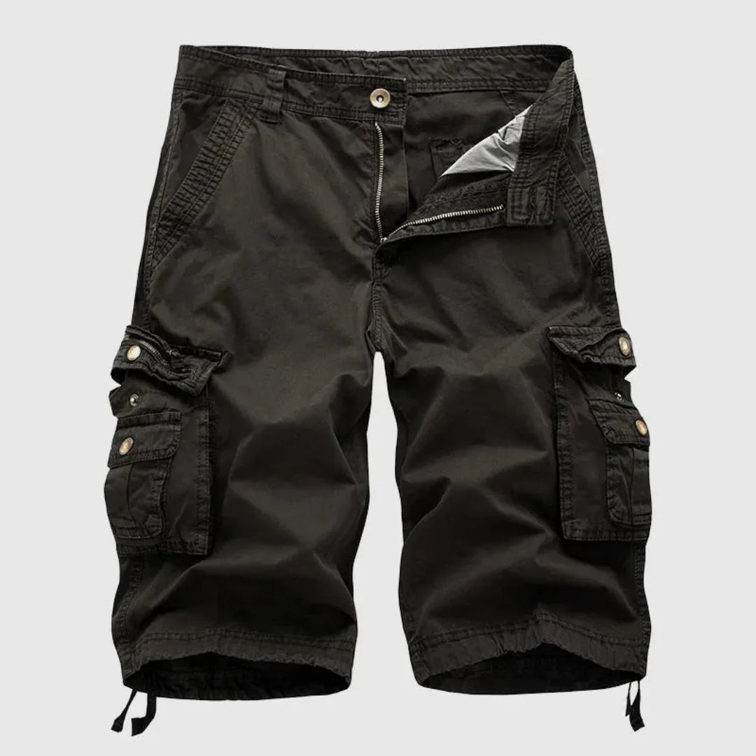 Men's khaki relaxed-fit cargo shorts with multiple flap pockets, heavy-duty breathable cotton