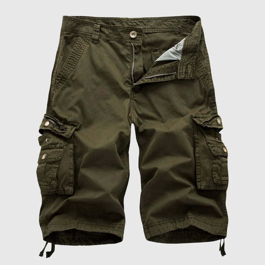 Men's khaki relaxed-fit cargo shorts with multiple flap pockets, rugged 100% cotton breathable fabric