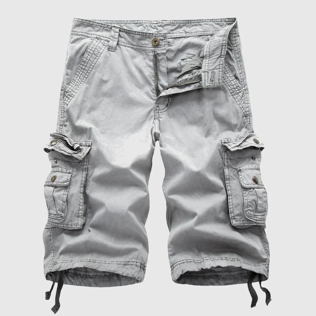 Men's relaxed-fit cotton cargo shorts with multiple flap pockets for rugged outdoor comfort