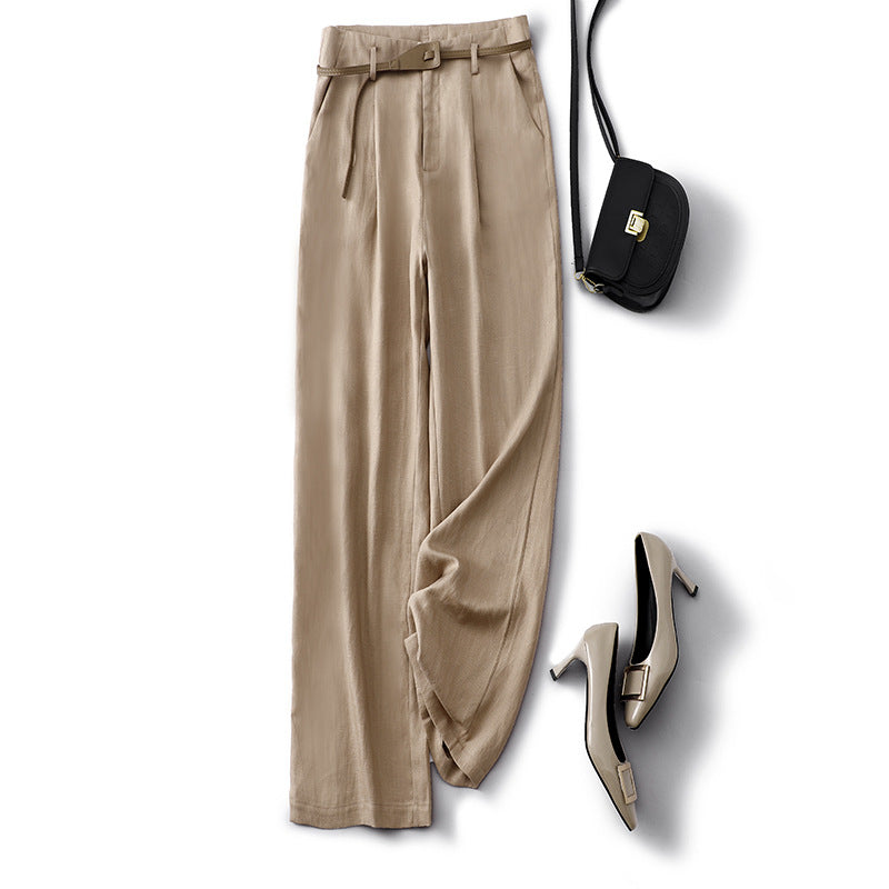Women's pleated wide-leg trousers with removable slim belt, relaxed tailored fit in neutral tone